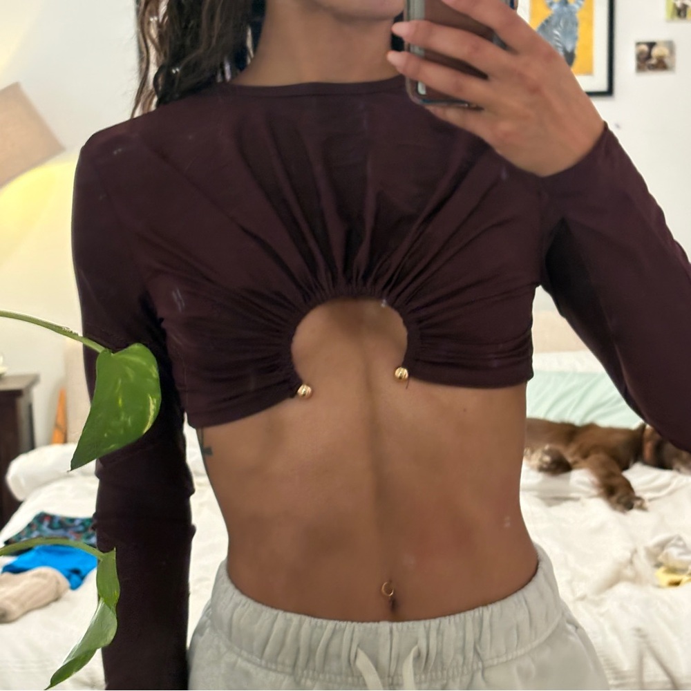 Long Sleeve Cutout Crop Top in Deep Burgundy